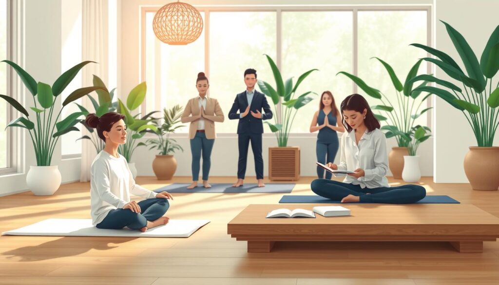 A diverse group sitting in a sunlit meditation space, some journaling and some resting, in an unhurried and supportive atmosphere