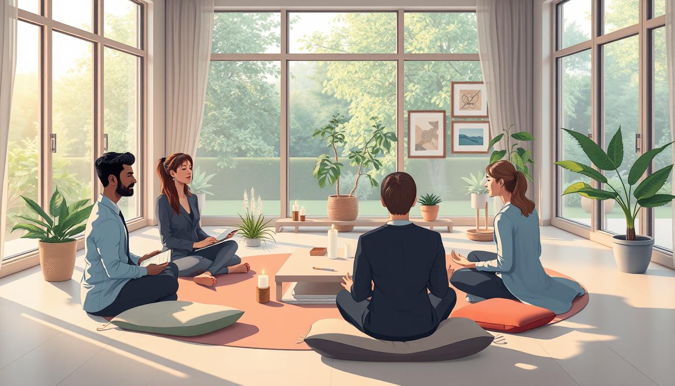 A calm reading and meditation room with soft natural light, plants and warm wood, where people sit quietly to reflect